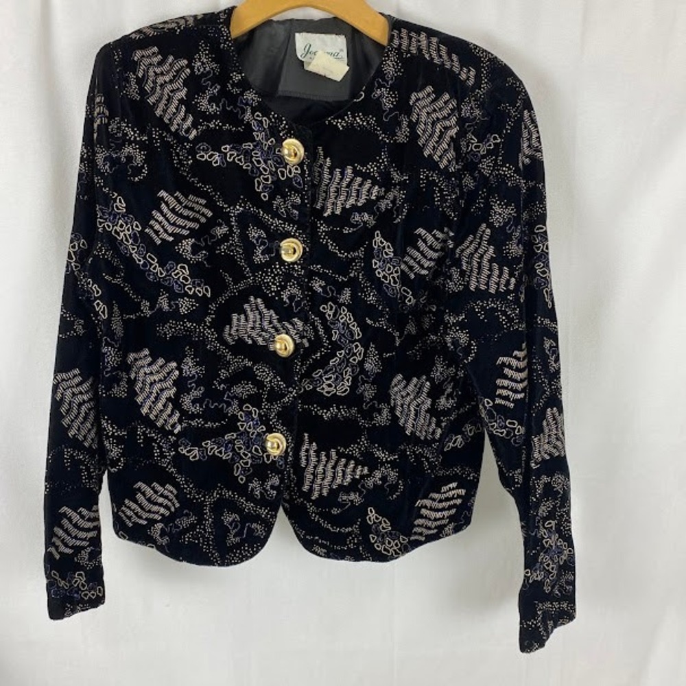 Vtg Black Velvet Brocade Jacket Blazer Gold‎ Buttons Geometric Floral Print